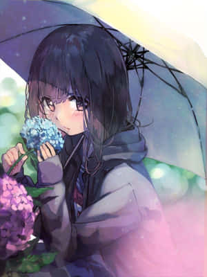 動漫女孩在雨傘下拿著繡球花的雨景 — Kindle 壁紙