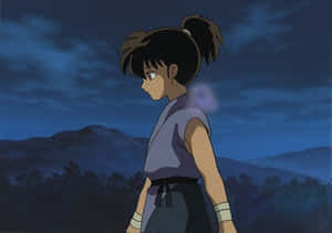 動漫女孩在夜晚風景中，有山脈和樹木 — 錦鯉 壁紙