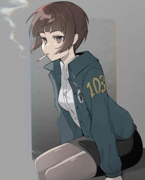 動漫女孩穿綠色外套吸煙，煙霧升起 — 4:5 壁紙