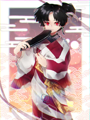 動漫女孩穿著紅白和服，在發光波浪背景前手持武士刀。 — Kindle 壁紙