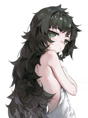 動漫女孩，長著黑色長髮和綠色眼睛，回頭看。 — Galaxy Z Fold 8 壁紙