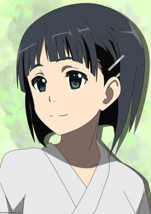 黑髮藍眼的動漫女孩穿著白色和服溫柔地微笑。 — 宿儺 壁紙