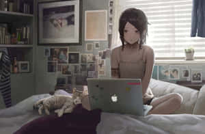 動漫女孩與貓在床上使用筆記本電腦，房間佈滿照片 — MacBook 壁紙