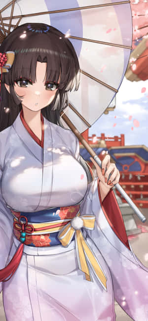穿著和服的動漫女孩在飄落的櫻花下撐著傘。 — Pixel 8 Pro 壁紙
