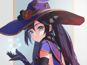 動漫女巫，戴著紫色帽子，藍色眼睛，手持魔法火花。 — 原神 壁紙