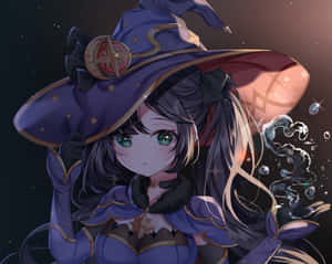 戴紫色帽子的動漫女巫在星空下施展魔法 — 原神 壁紙