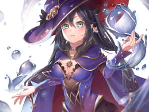 動漫女巫身穿紫色服裝，手持發光水晶球，周圍有漂浮氣泡。 — 原神 壁紙