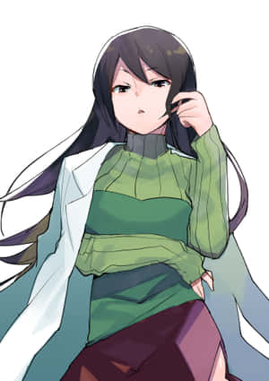 動畫女孩穿著綠色毛衣和白色外套，若有所思地調整頭髮。 — Oppo Pad 5 Pro 壁紙