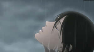 黑發動漫女孩在雨中仰望，臉上帶著淚水。 — 雨 壁紙