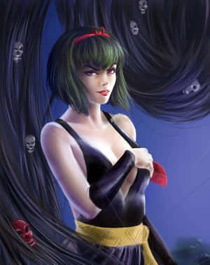 擁有綠色頭髮和紅色眼睛的動漫女性，被旋轉的骷髏頭包圍。 — 4:5 壁紙