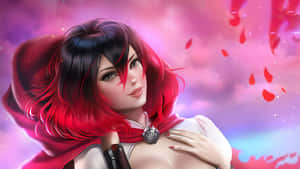 穿著紅色連帽斗篷的動漫女性，玫瑰花瓣在魔法天空中飄浮。 — 2560x1440 壁紙