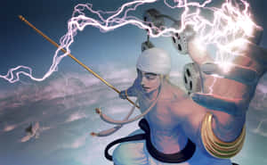 動漫戰士在暴風雨的天空中揮舞閃電法杖，附近有小鳥飛翔 — 唯美雲朵動態 壁紙
