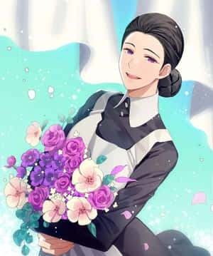 動漫女性手持一束粉紅和紫色花朵，帶著溫柔的微笑。 — Apple Watch Ultra 壁紙