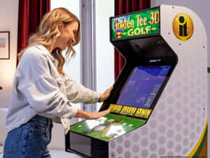 女性在室內玩 Golden Tee 3D Golf 街機遊戲 — 街機 壁紙