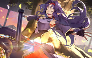 紫發動漫女孩在日落場景中微笑著揮舞發光的劍。 — 刀劍神域 GIF 壁紙