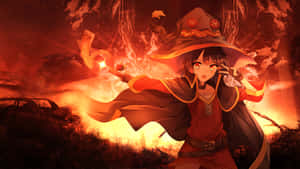 動漫女巫在燃燒的荒地中施展火焰魔法。 — 萌 壁紙