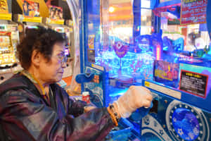 老年女士在遊戲機中心玩夾公仔機，藍色燈光 — 街機 壁紙