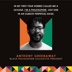 Anthony Greenaway 的肖像，帶有文字和色彩繽紛的幾何背景。