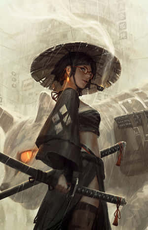 戴紅色眼鏡的女武士在雨傘下握劍於下雨的城市小巷。 — 武士 壁紙