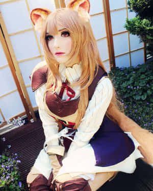戴著狐狸耳朵和尾巴的cosplayer，穿著精緻動漫服裝，靠近日本圍欄和花朵。 — Apple Watch Ultra 壁紙