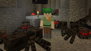 Minecraft玩家在一個有火炬的黑暗石洞中面對蜘蛛。 — 蜘蛛 壁紙