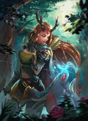 戴著鹿角的奇幻精靈弓箭手在魔法森林中拉開發光的弓。 — Kindle 壁紙