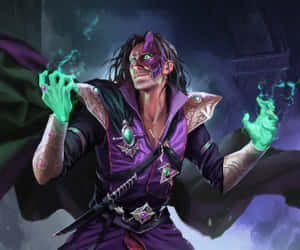一位戴面具的巫師身穿紫色長袍，雙手引導發光的綠色魔法。 — 魔法 GIF 壁紙