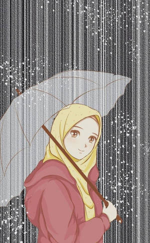 戴黃色頭巾的年輕女子在雨中場景撐著白色雨傘，帶有閃爍效果。 — 藝術 壁紙