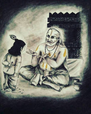 一位導師在神秘的古老環境中教導年輕弟子。 — 黑白 壁紙