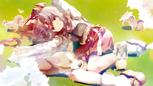 粉紅色頭髮的動漫女孩在夢幻的粉彩風景中與白色動物一起躺在草地上。 — 可愛動漫女仔 壁紙
