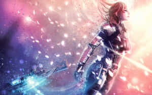 身穿發光盔甲的未来女性戰士置身於宇宙粒子風暴中。 — Steam Deck 壁紙