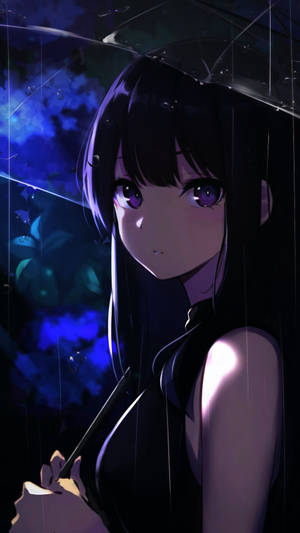 動漫女孩在雨夜中撐傘，背景是發光的藍色。 — 可愛動漫女仔 壁紙
