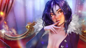 一位紫色頭髮的動漫女性，穿著帶有白色毛領的天鵝絨長袍，在魔法環境中優雅地擺姿勢。 — 鬼滅之刃 壁紙