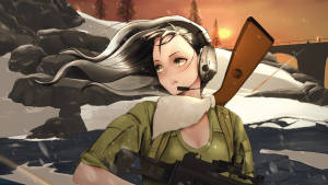 戴耳機的動漫女兵在日落時分的雪山中手持步槍。 — 遊戲 壁紙