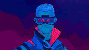 一個穿著未來裝備的人，VR護目鏡顯示「WHAT」一詞。