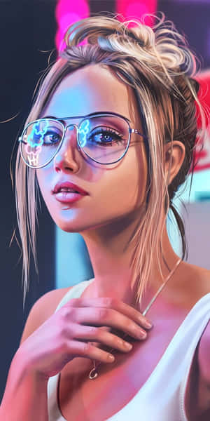 戴眼鏡的女性在數碼肖像中反射霓虹燈光。