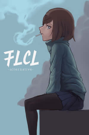 動漫女孩在藍色煙霧中抽煙，帶有FLCL文字 — 粉紅動漫美學 壁紙