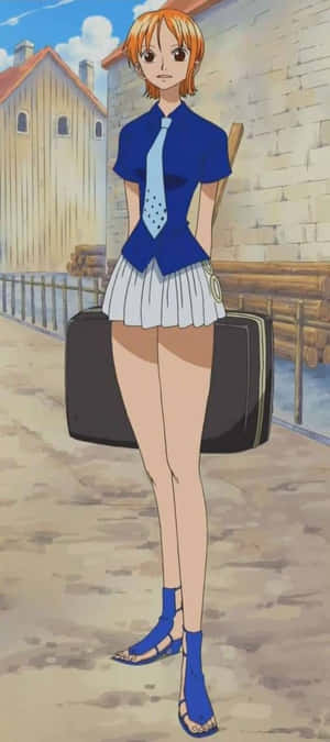橙色頭髮的動漫女孩在村莊街道上提著手提箱，穿著藍色服裝。 — Nokia G42 壁紙