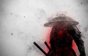 身穿暗色盔甲和草帽的武士戰士站在紅色光芒前。