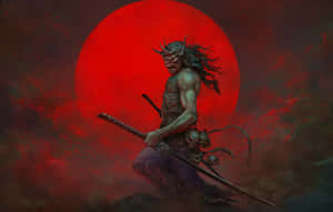 惡魔武士戰士，帶有骷髏和角頭，背景是紅月亮天空。