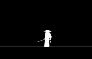 白色剪影，一個武士戰士在黑色背景前持劍。