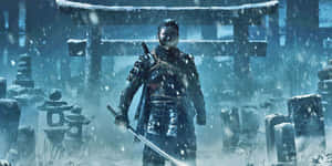 雪中的武士戰士，手持武士刀，在日本神社 — 對馬戰鬼 GIF 壁紙