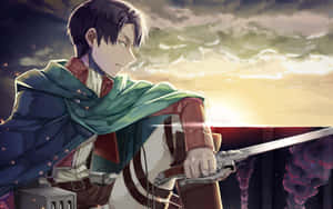 身穿綠色斗篷的動漫角色在日落與暴風雲中持劍。 — 里維·阿卡曼 GIF 壁紙