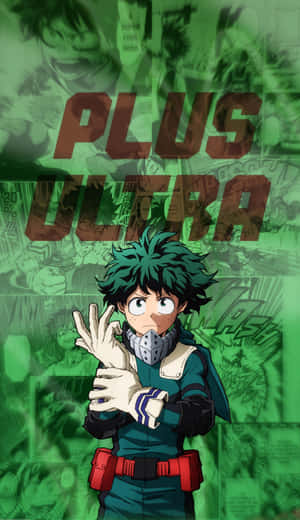 身穿綠色和紅色裝備的動漫英雄，身後有「PLUS ULTRA」文字。 — 美學 壁紙