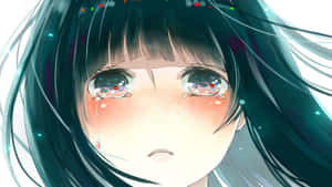 深青色頭髮的動漫女孩，閃閃發光的眼睛流下一滴眼淚。 — 可憐動漫 壁紙