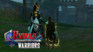 Hyrule Warriors 遊戲場景中的戰士與狼，有石門和草地。 — 薩爾達 GIF 壁紙