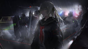雨中的動漫女孩，伴隨著士兵和紅色激光束。 — 動漫女孩 壁紙