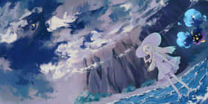 動漫女孩在星空下漂浮在海浪之上，周圍有發光的花朵 — 月色夜空 壁紙
