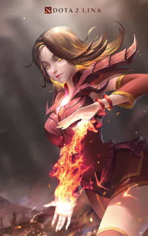 Dota 2 角色莉娜以發光的眼睛和飄逸的頭髮召喚火焰。 — Galaxy Tab S10 Lite 壁紙