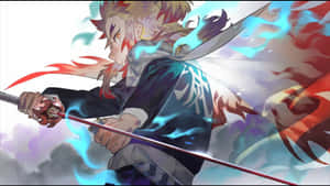 火紅頭髮的動漫戰士以動態戰鬥姿勢揮舞發光的劍。 — 煉獄 GIF 壁紙